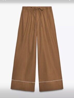 Zara Brown Elastic-Waist wide Leg 100 % Cotton Size M